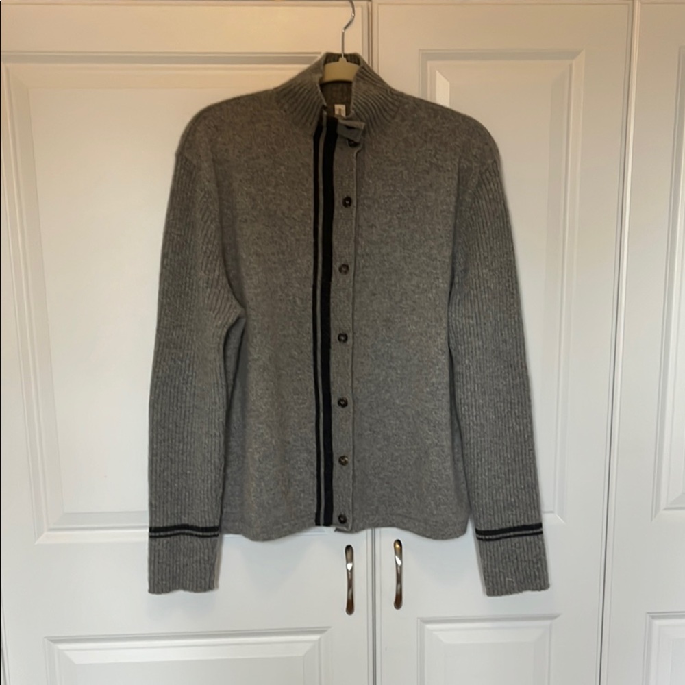 Gray Cashmere Button-Up Cardigan with Blue stripes